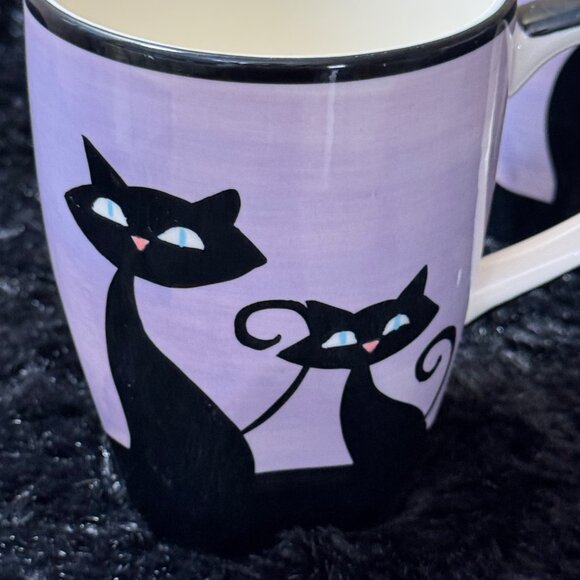 Hues N Brews Coffee Mugs Cups Purple Black Cats Set Of 2 - Picture 3 of 7